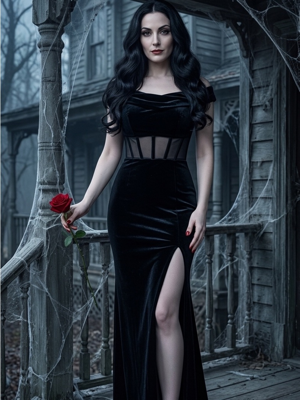 Black velvet formal long dress mermaid silhouette / Mortician Adams look